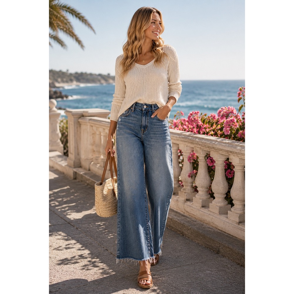 Hudson Rosalie High Rise Wide Leg Jeans Medium Wash Blue Raw Hem W Size 25 NWT